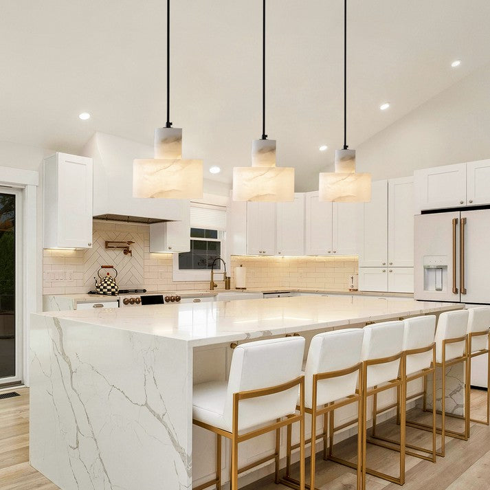 Pendant Light Alabaster 6.5 in Cylinder White Kitchen Island Dining Room Adjustable Hanging Ceiling Lamp | Thomler