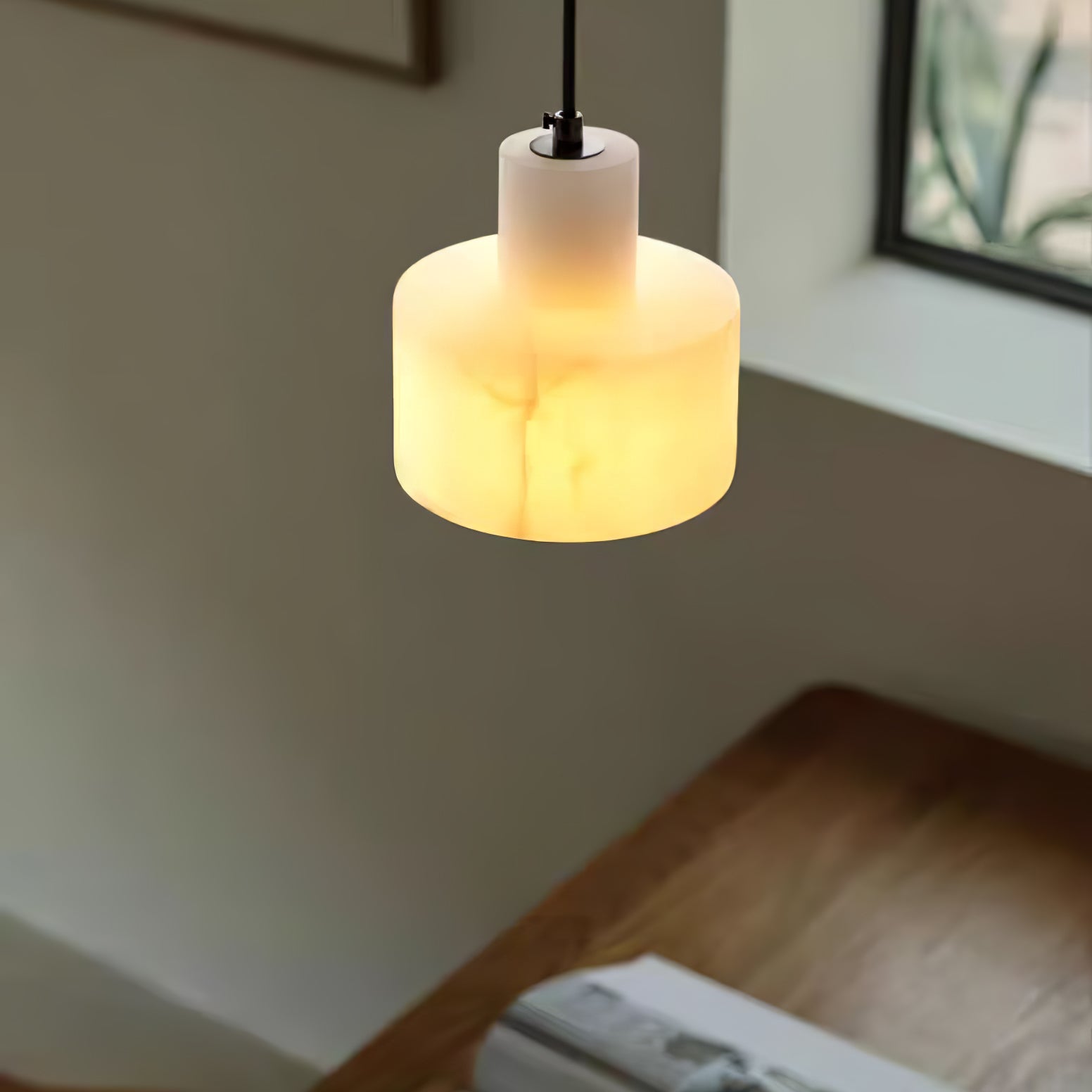 Pendant Light Alabaster 6.5 in Cylinder White Kitchen Island Dining Room Adjustable Hanging Ceiling Lamp | Thomler