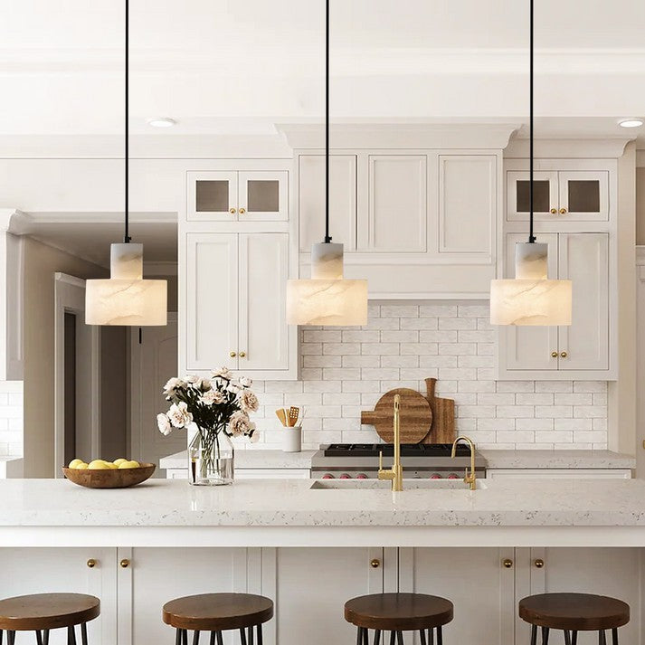 Pendant Light Alabaster 6.5 in Cylinder White Kitchen Island Dining Room Adjustable Hanging Ceiling Lamp | Thomler