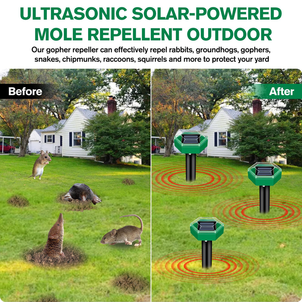 Solar Ultrasonic Pest Repeller Stake 4-Pack for Yard – Drives Away Burrowing Animals with Sonic Pulses – Waterproof Garden Defense for | Thomler