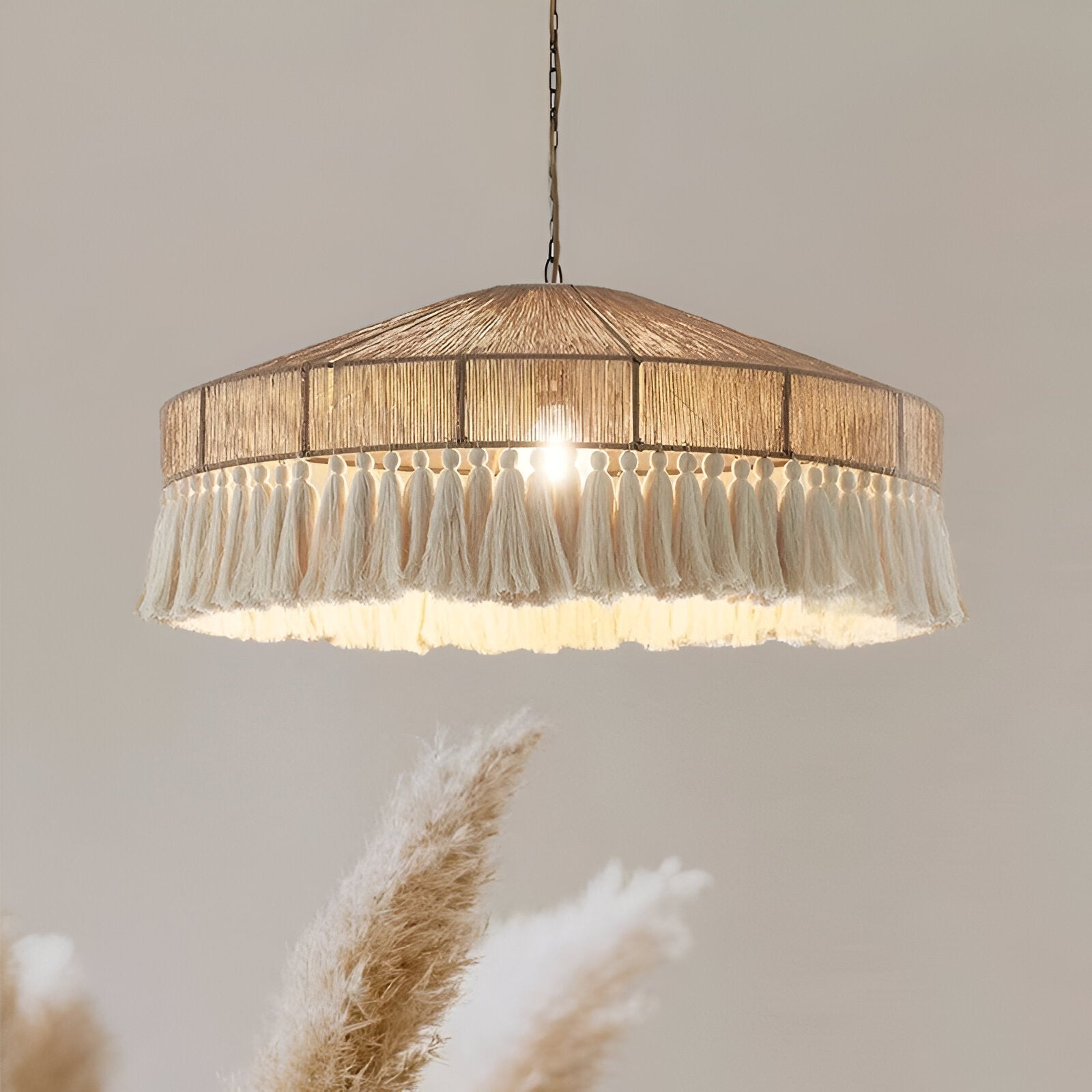 Pendant Light Hemp Rope 19.7 in Bohemian Beige Dining Room Bedroom Tassel Hanging Ceiling Lamp Woven Fabric Shade Ambient Lighting | Thomler