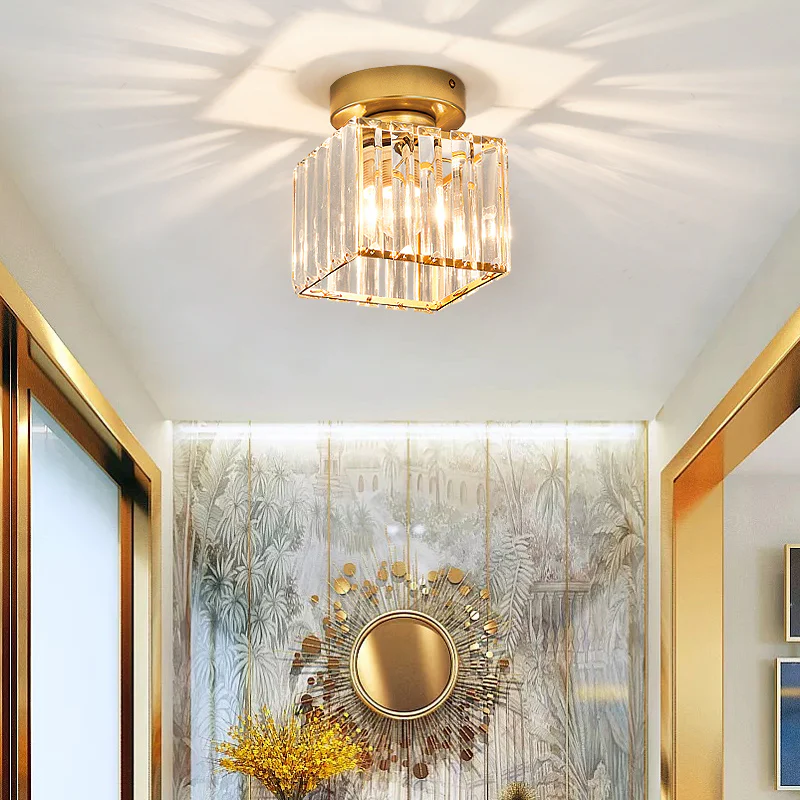 Square Brass Ceiling Light with Crystal Glass Cover – Modern Flush Mount Fixture for Bedroom, Hallway, Living Room & Home Office – E27 | Thomler