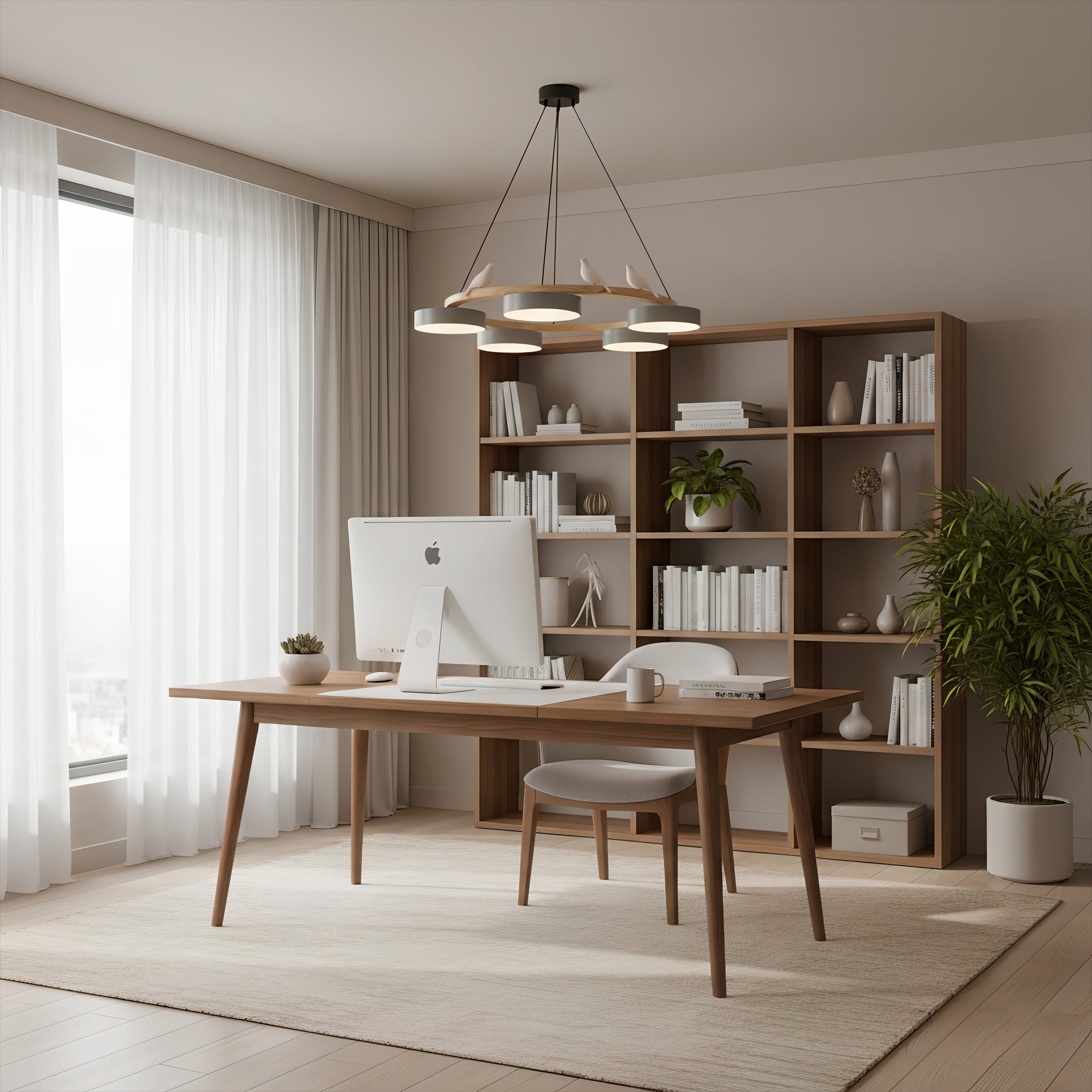 Chandelier Wood Round 25.6 in 4-Light Adjustable Indoor Ceiling Fixture Modern Dining Room Living Room Lighting | Thomler
