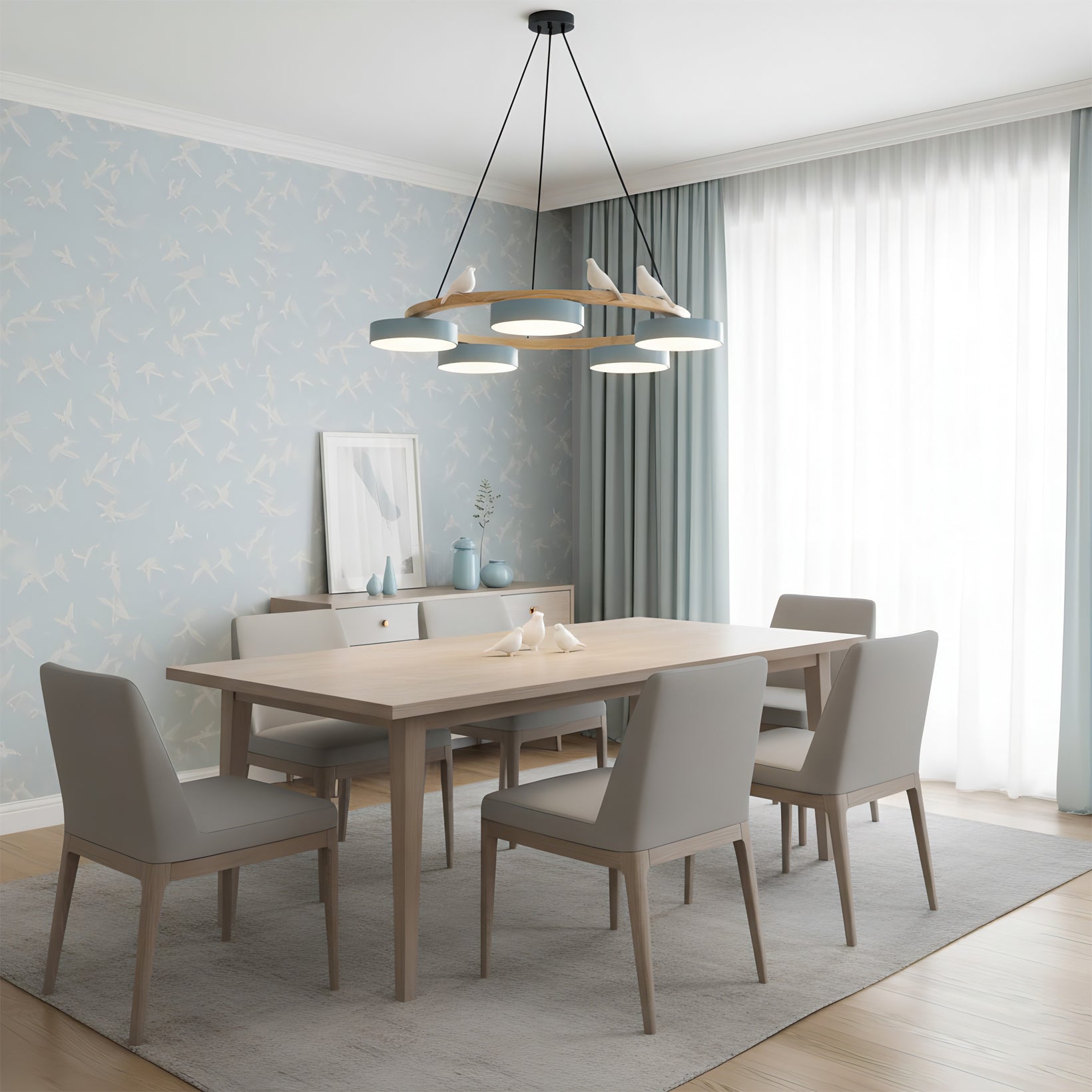 Chandelier Wood Round 25.6 in 4-Light Adjustable Indoor Ceiling Fixture Modern Dining Room Living Room Lighting | Thomler