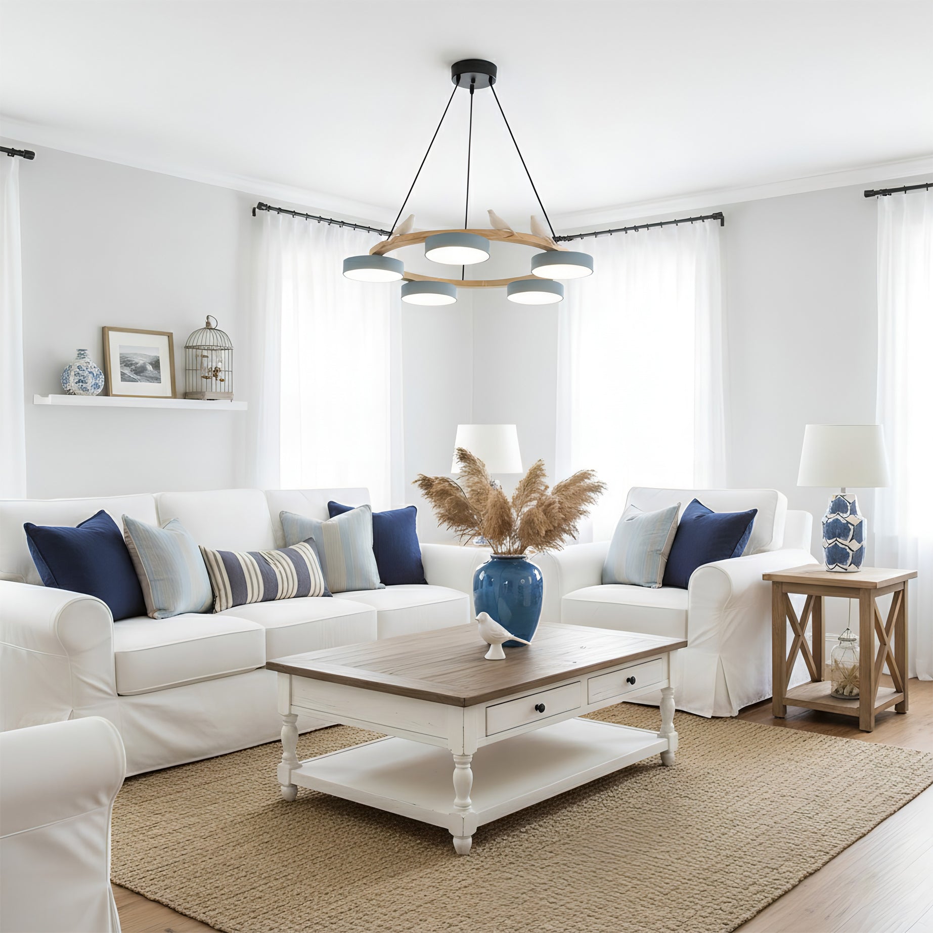 Chandelier Wood Round 25.6 in 4-Light Adjustable Indoor Ceiling Fixture Modern Dining Room Living Room Lighting | Thomler