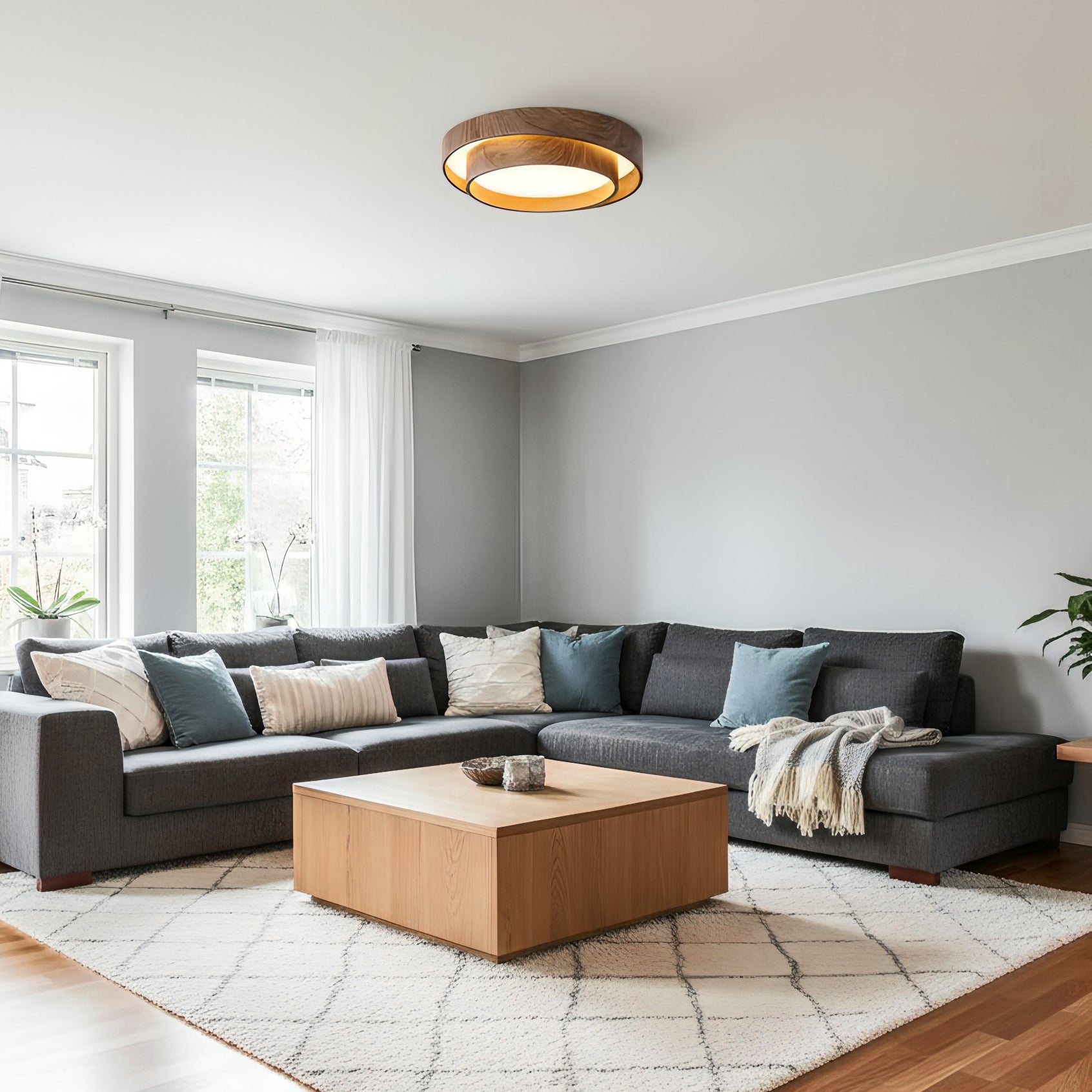 Ceiling Lamp Metal Integrated LED 15.7 in Walnut Indoor Ambient Lighting Modern Fixture | Thomler