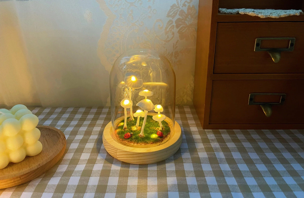 Glass & Wood DIY Mushroom Lamp – Tabletop Accent Light for Living Room & Bedroom | Thomler