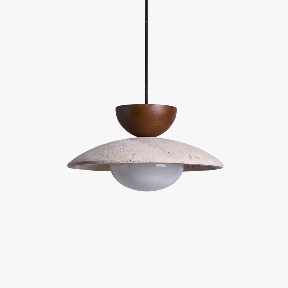 Travertine Stone Pendant Light with Wood Accent for Dining Room & Kitchen Island | Natural Glass Shade Hanging Ceiling Lamp | Thomler