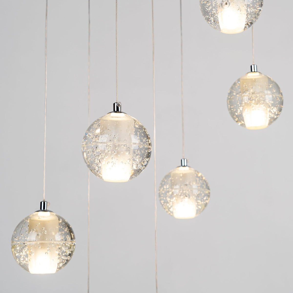 Spherical Glass Globe Multi-Drop Hanging Fixture – Adjustable Stairwell & Entryway Chandelier with Chrome Hardware | Thomler