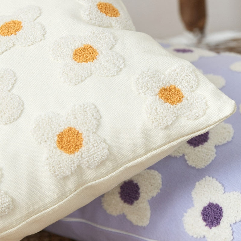 Cushion Cover Cotton Embroidered Daisy 45.0 x 45.0 cm Lavender Ivory Bedroom Sofa Decorative Pillow Case | Thomler
