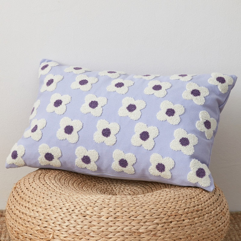 Cushion Cover Cotton Embroidered Daisy 45.0 x 45.0 cm Lavender Ivory Bedroom Sofa Decorative Pillow Case | Thomler
