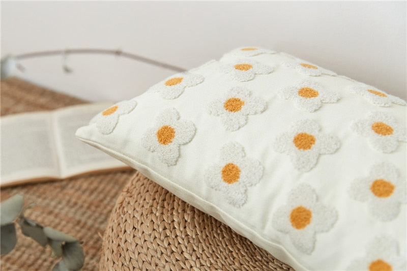 Cushion Cover Cotton Embroidered Daisy 45.0 x 45.0 cm Lavender Ivory Bedroom Sofa Decorative Pillow Case | Thomler