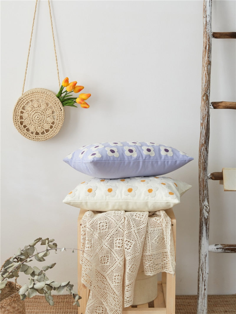 Cushion Cover Cotton Embroidered Daisy 45.0 x 45.0 cm Lavender Ivory Bedroom Sofa Decorative Pillow Case | Thomler