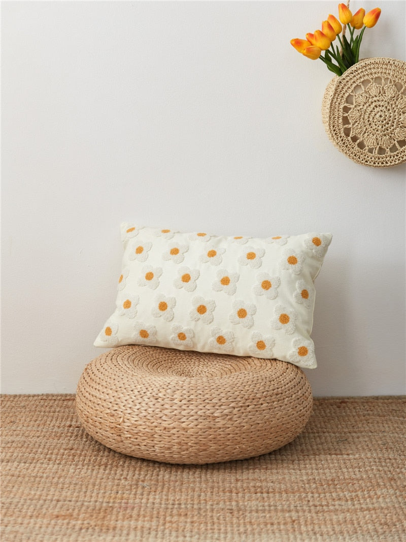 Cushion Cover Cotton Embroidered Daisy 45.0 x 45.0 cm Lavender Ivory Bedroom Sofa Decorative Pillow Case | Thomler
