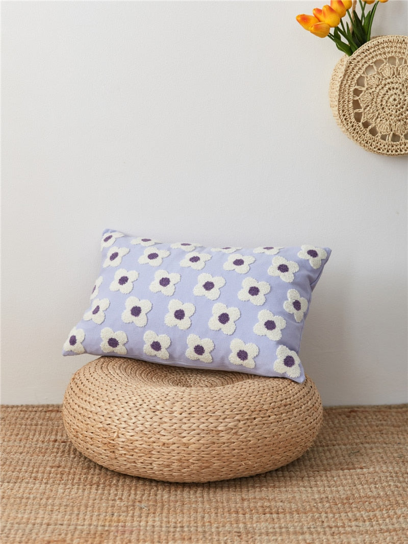 Cushion Cover Cotton Embroidered Daisy 45.0 x 45.0 cm Lavender Ivory Bedroom Sofa Decorative Pillow Case | Thomler