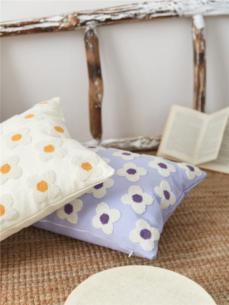 Cushion Cover Cotton Embroidered Daisy 45.0 x 45.0 cm Lavender Ivory Bedroom Sofa Decorative Pillow Case | Thomler