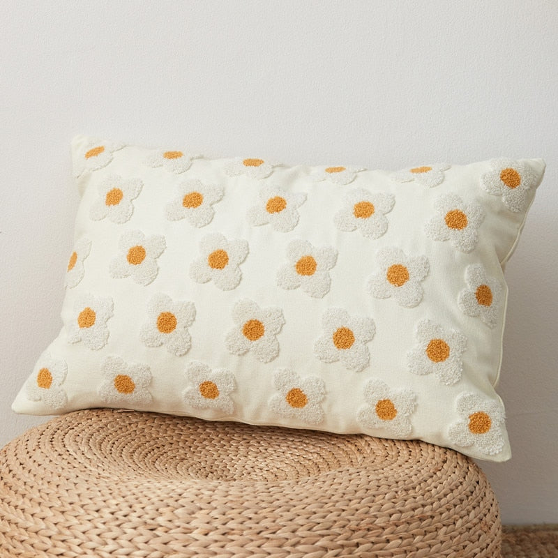 Cushion Cover Cotton Embroidered Daisy 45.0 x 45.0 cm Lavender Ivory Bedroom Sofa Decorative Pillow Case | Thomler