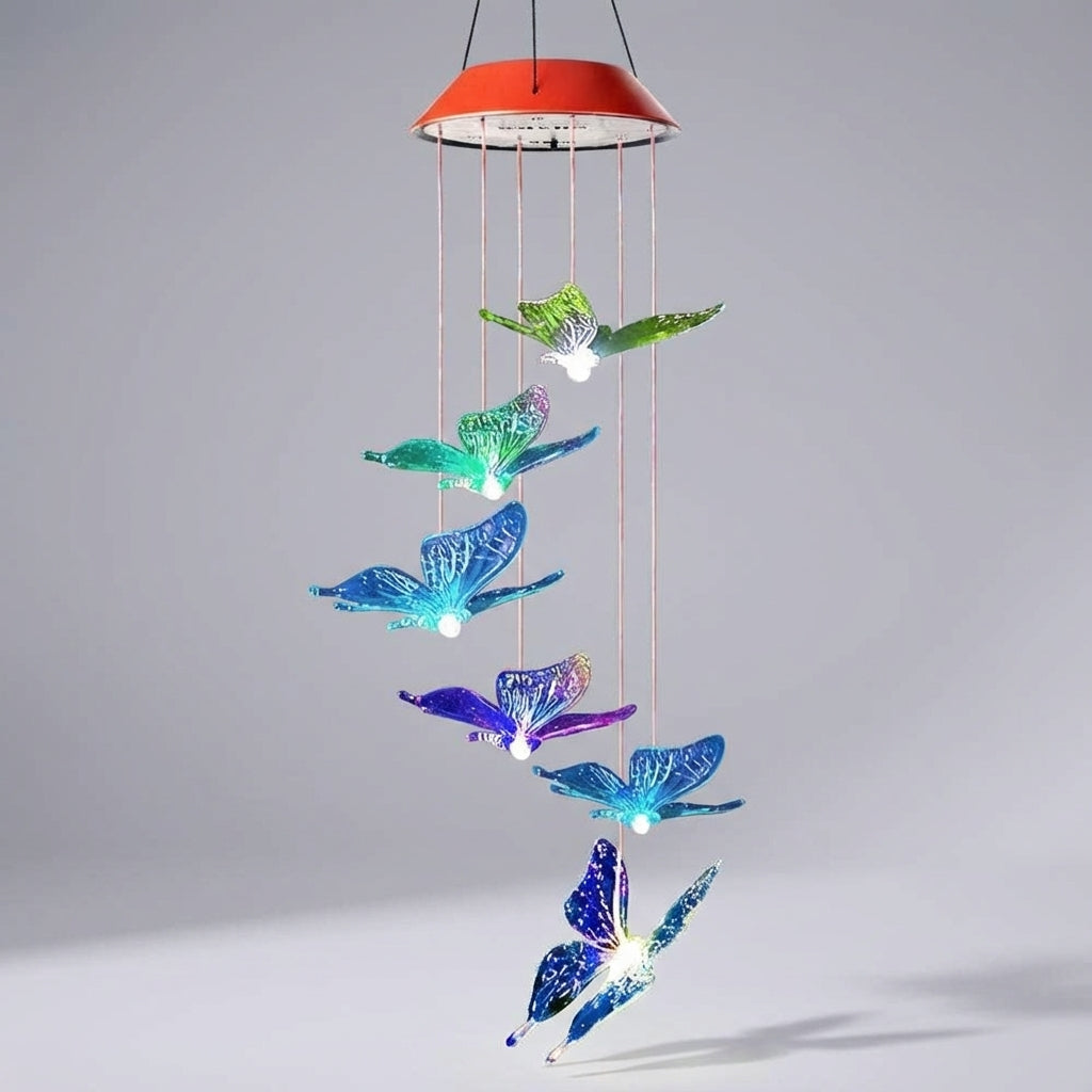 Solar Garden Light Glass Butterfly 7 LED Colour Changing Outdoor Hanging Wind Chime Patio Path Decoration | Thomler
