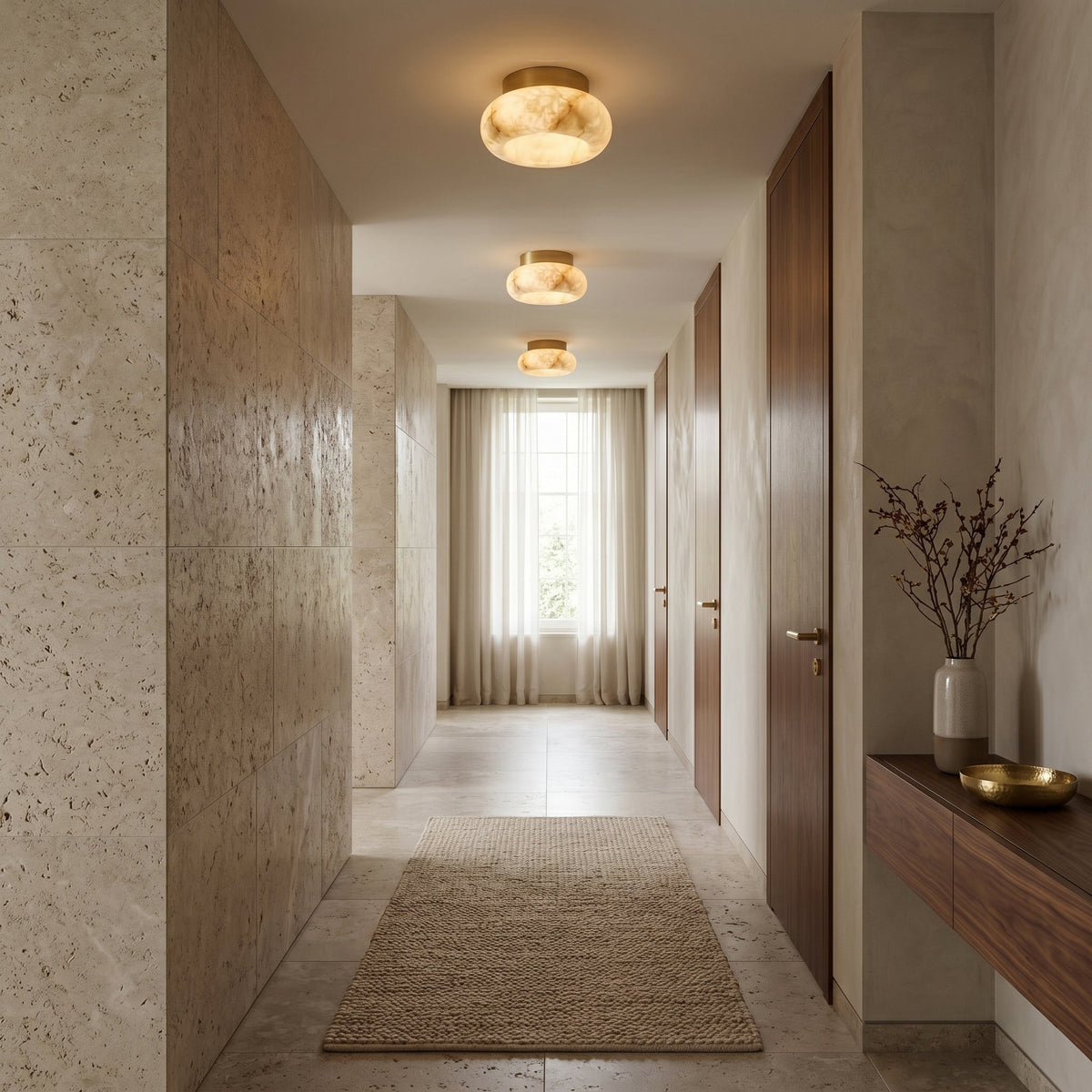Alabaster LED Ceiling Light – Brass Hardware & Hardwired Flush Mount – 3 Sizes for Every Room | Thomler