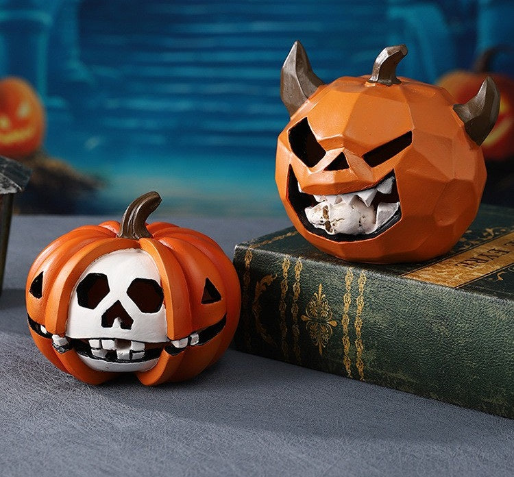 Creepy Jack-O'-Lantern & Skeleton Head Resin Statue for Halloween Decor – Desktop, Shelf & Mantel Display Piece | Thomler