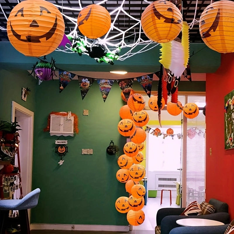 Orange Jack-O'-Lantern Paper Sphere Set – 12-Pack Folding Pumpkin Decorations for Ceiling, Porch & Yard Displays | Thomler