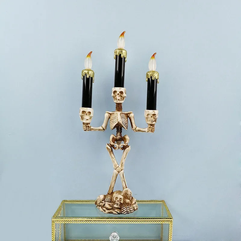 LED Skull Taper Holder – Battery-Operated Flickering Light Display for October Décor & Macabre Interior Styling | Thomler