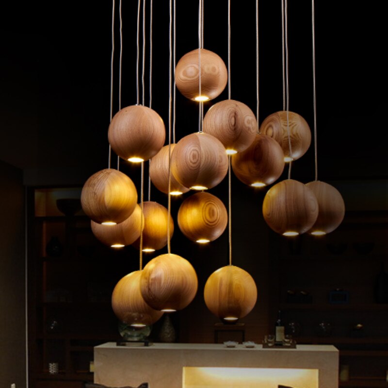 Natural Wood Sphere Pendant Light | Modern Globe Drop Ceiling Lamp for Kitchen Island, Dining Room, Living Room & Restaurant | Adjustable | Thomler