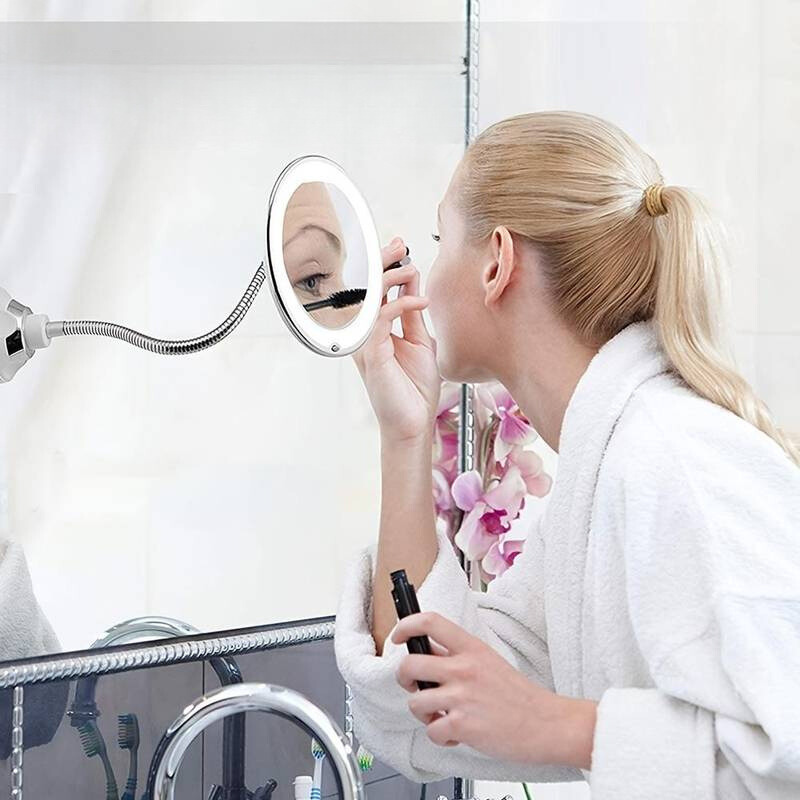 Flexible LED Makeup Mirror with 10x Magnification | Suction Mount Vanity Mirror with Adjustable Gooseneck Arm for Bathroom | Illuminated | Thomler