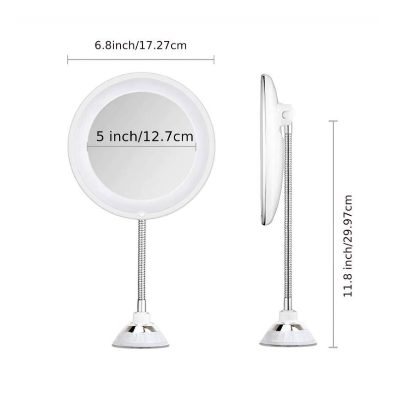 Flexible LED Makeup Mirror with 10x Magnification | Suction Mount Vanity Mirror with Adjustable Gooseneck Arm for Bathroom | Illuminated | Thomler