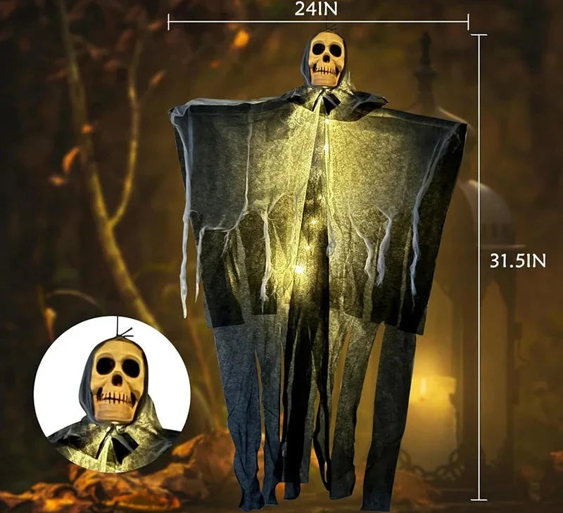 Illuminated Skeleton Specter Hanging Prop – Light-Up Skull Figure with Draping Fabric for Spooky Outdoor Displays, Porches & Halloween | Thomler