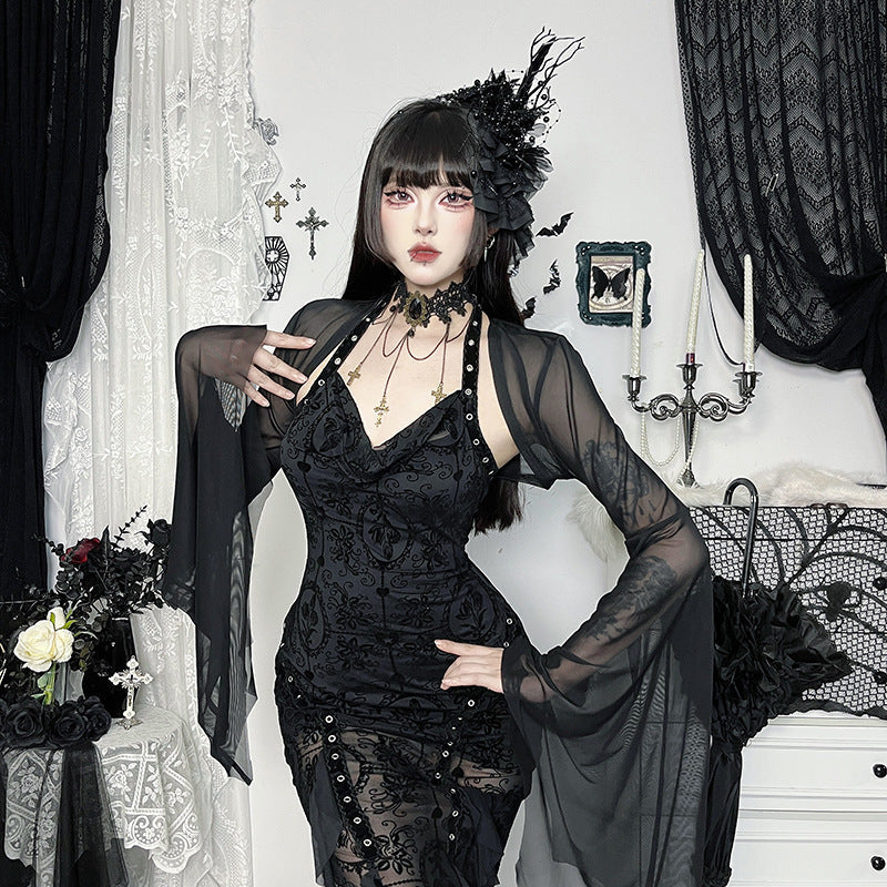 Spider Web Sheer Overlay Top with Bell Sleeves – Layering Piece for Women's Spooky Season Outfits & Party Wear | Thomler
