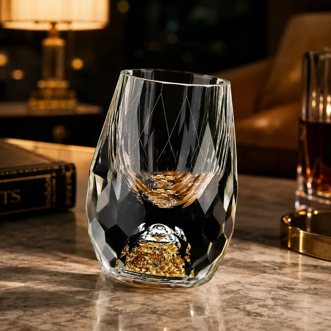Crystal Spirits Glass with Geometric Cuts and Metallic Base Detail – 0.5 oz Barware for Whiskey, Vodka & Tequila | Thomler