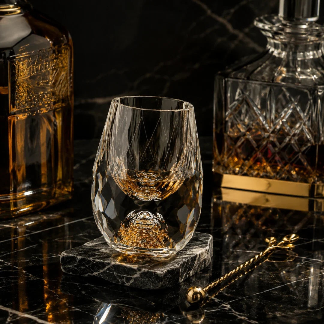 Crystal Spirits Glass with Geometric Cuts and Metallic Base Detail – 0.5 oz Barware for Whiskey, Vodka & Tequila | Thomler