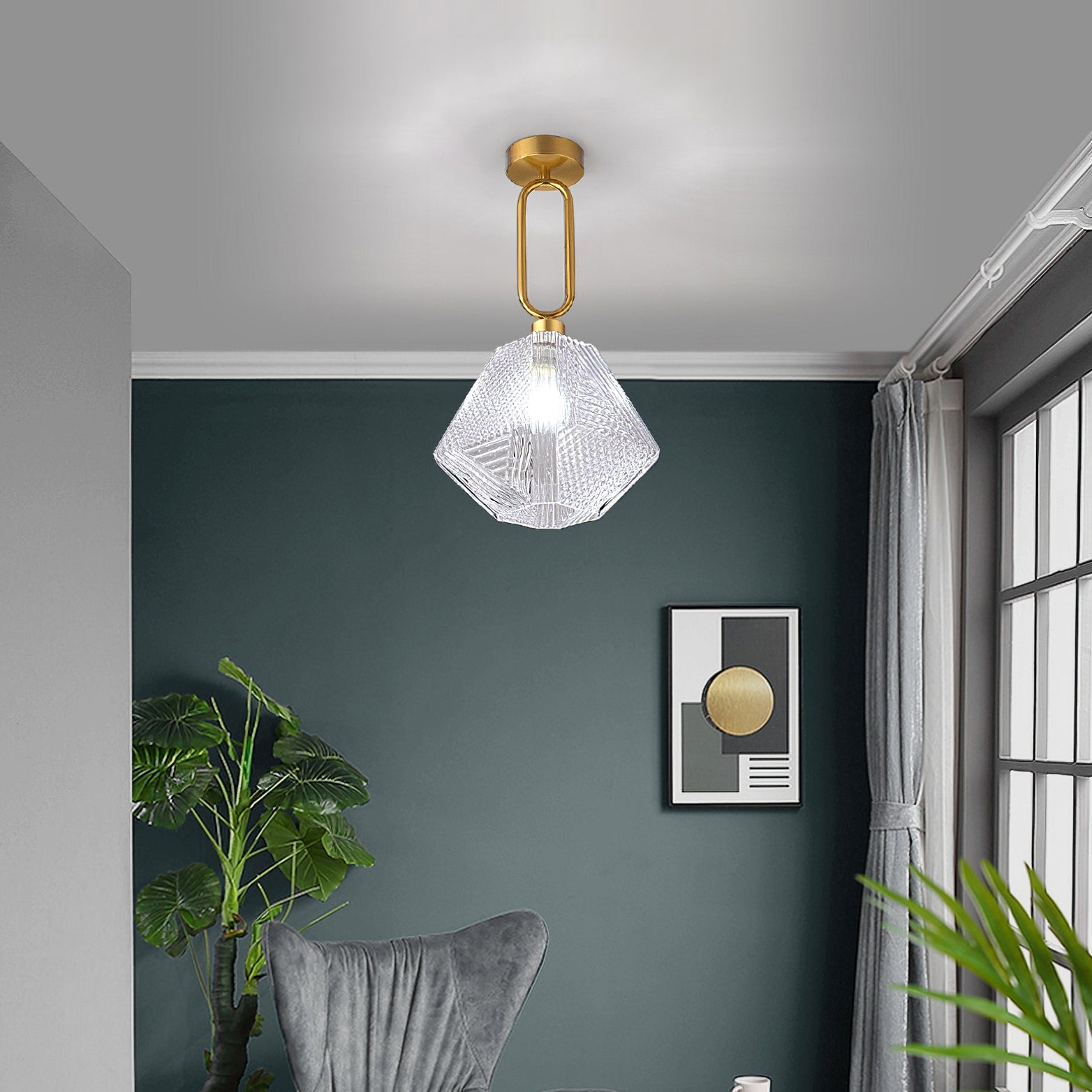 Ceiling Light Brass Diamond Cut 5.9 in Indoor Dining Room Living Room Bedroom Fixture Decorative Pendant | Thomler