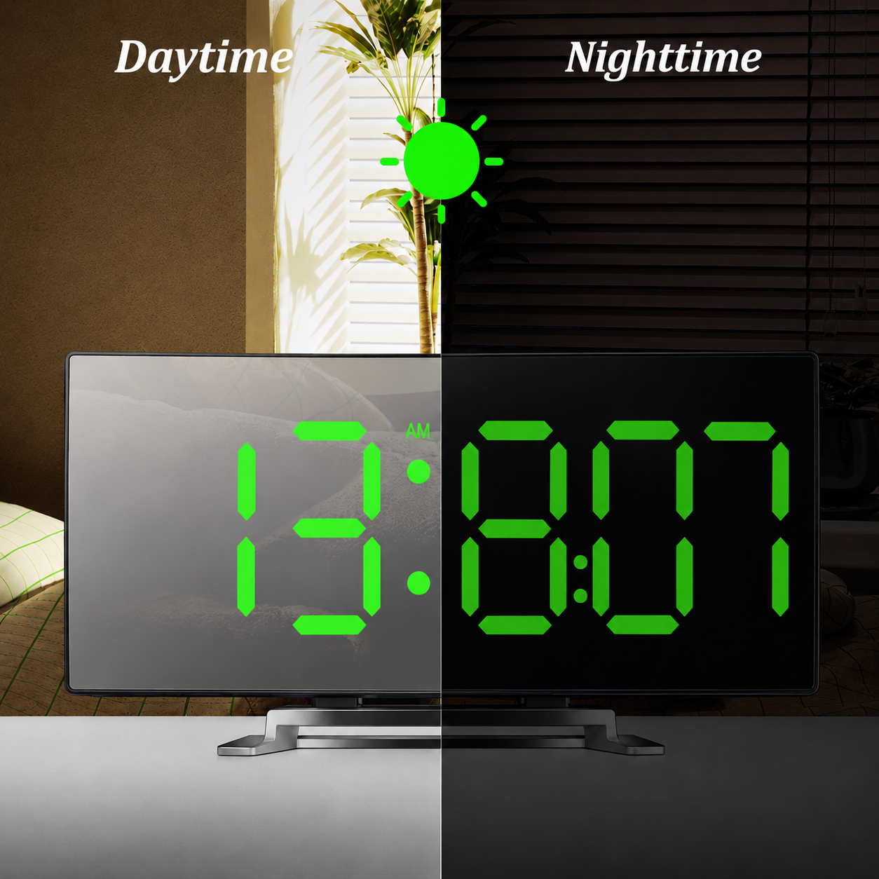 Modern Curved LED Digital Alarm Clock with Auto-Dimming Mirror Display for Bedroom and Office | Thomler