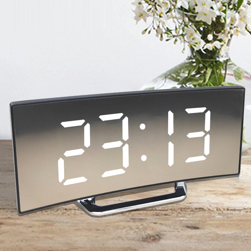Modern Curved LED Digital Alarm Clock with Auto-Dimming Mirror Display for Bedroom and Office | Thomler