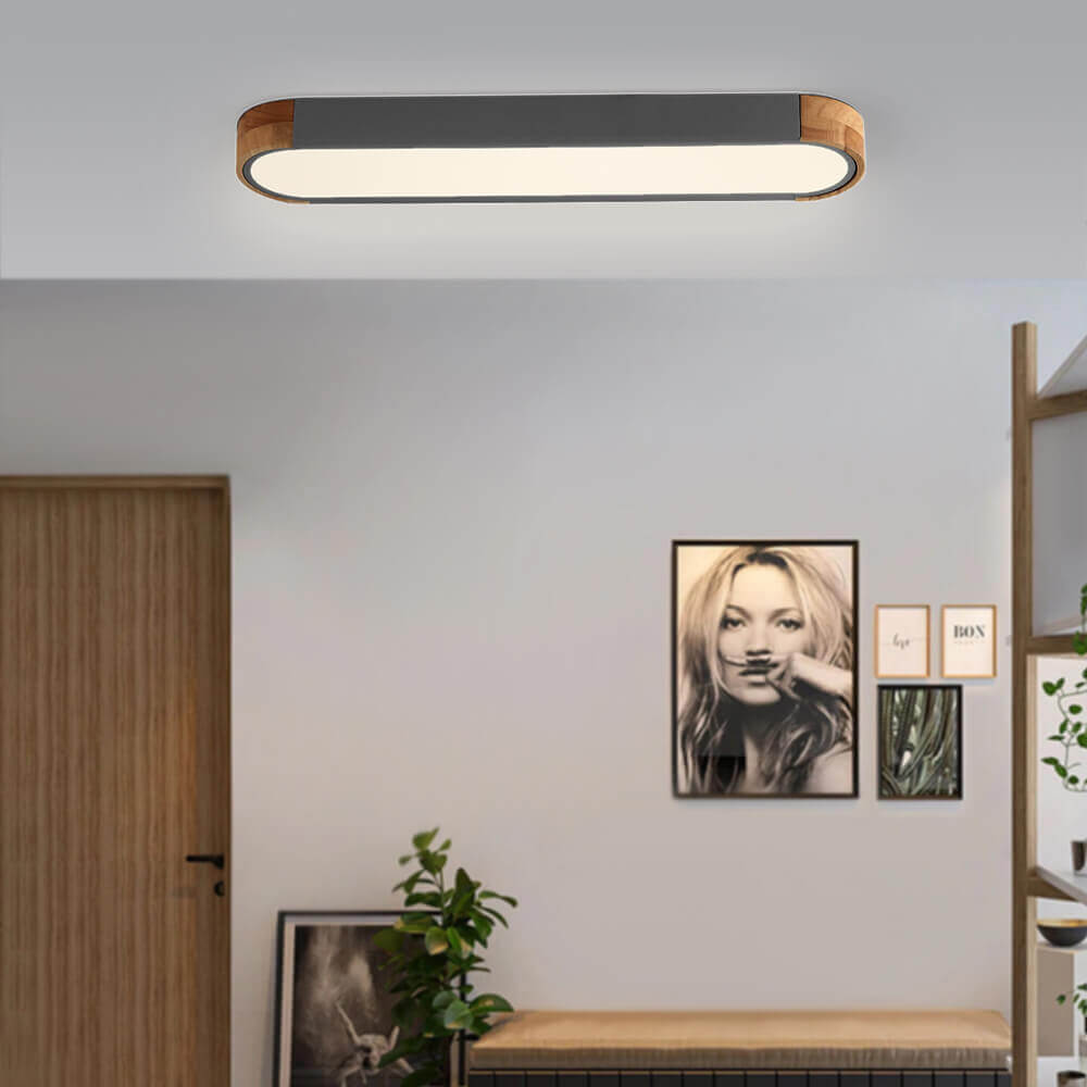 Slim Oval LED Ceiling Light with Wood Accents | Dimmable Flush Mount for Living Room Bedroom | Modern Low Profile Fixture | Hardwired | Thomler