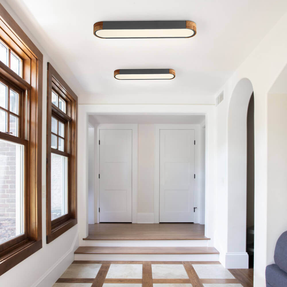 Slim Oval LED Ceiling Light with Wood Accents | Dimmable Flush Mount for Living Room Bedroom | Modern Low Profile Fixture | Hardwired | Thomler