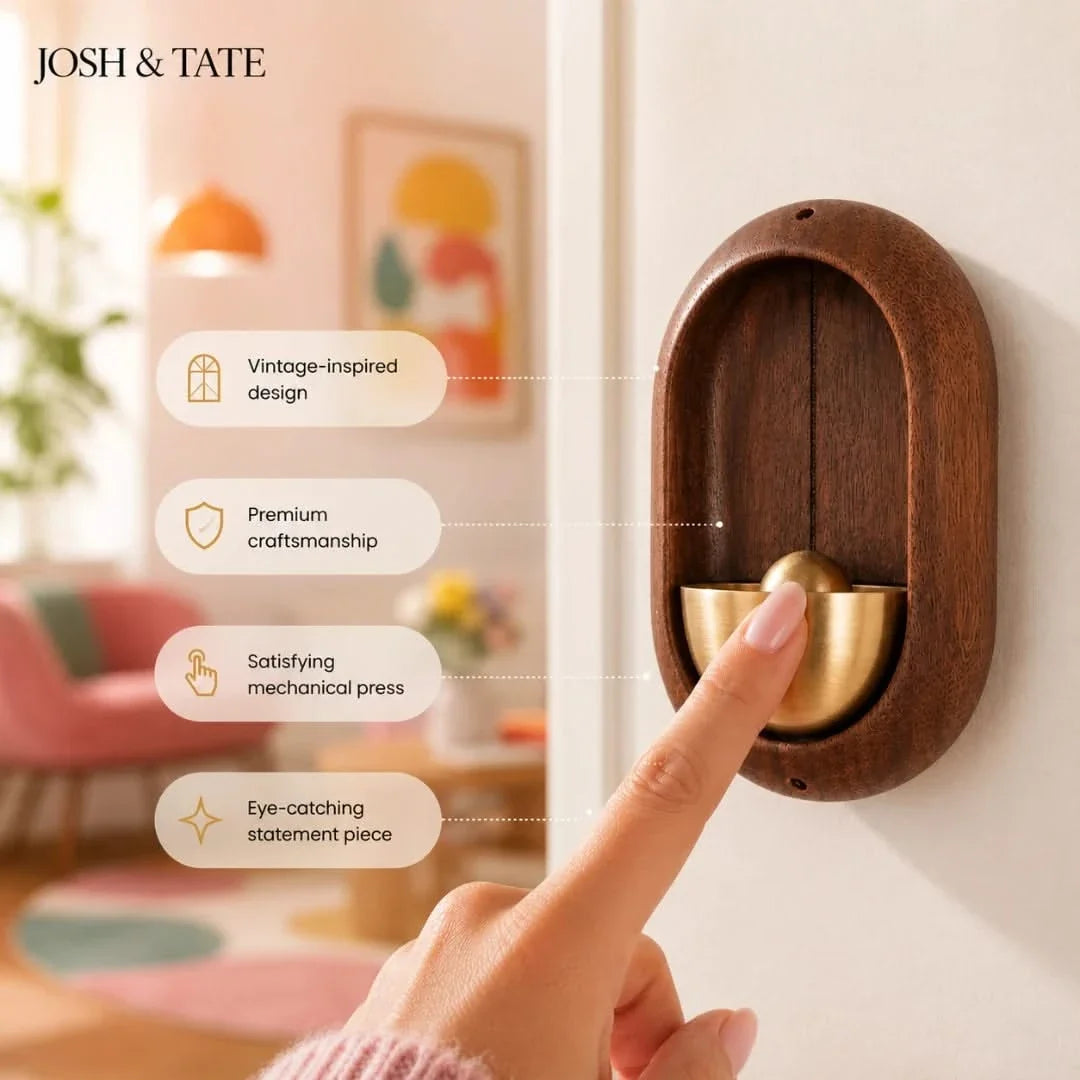 Mechanical Swing Chime Door Announcer with Natural Wood Housing and Metal Bell for Front Entry, Office, Studio | Thomler