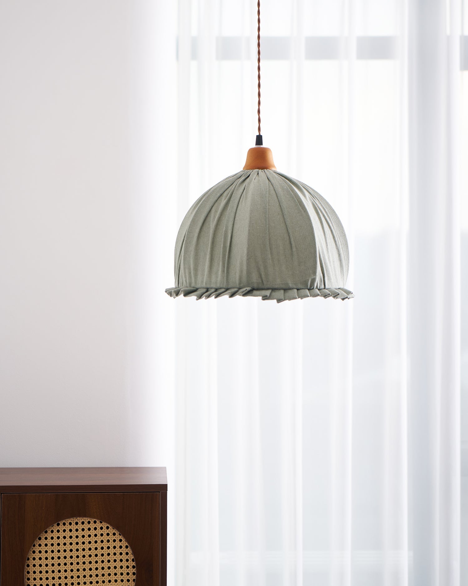 Pendant Lamp Wood Fabric 11.8 in Indoor Ceiling Lighting Beige Walnut Sage Green Modern Decor | Thomler