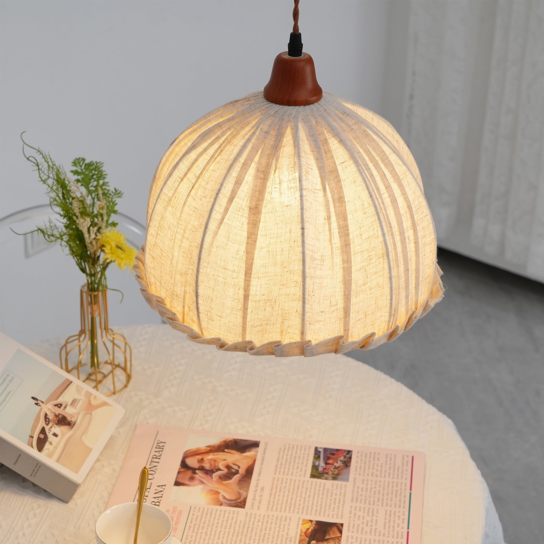 Pendant Lamp Wood Fabric 11.8 in Indoor Ceiling Lighting Beige Walnut Sage Green Modern Decor | Thomler