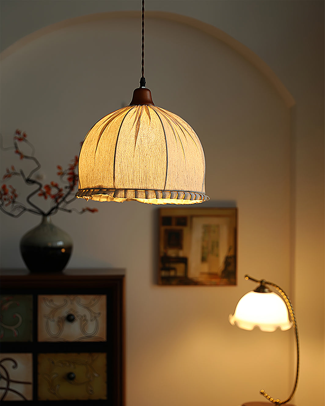 Pendant Lamp Wood Fabric 11.8 in Indoor Ceiling Lighting Beige Walnut Sage Green Modern Decor | Thomler