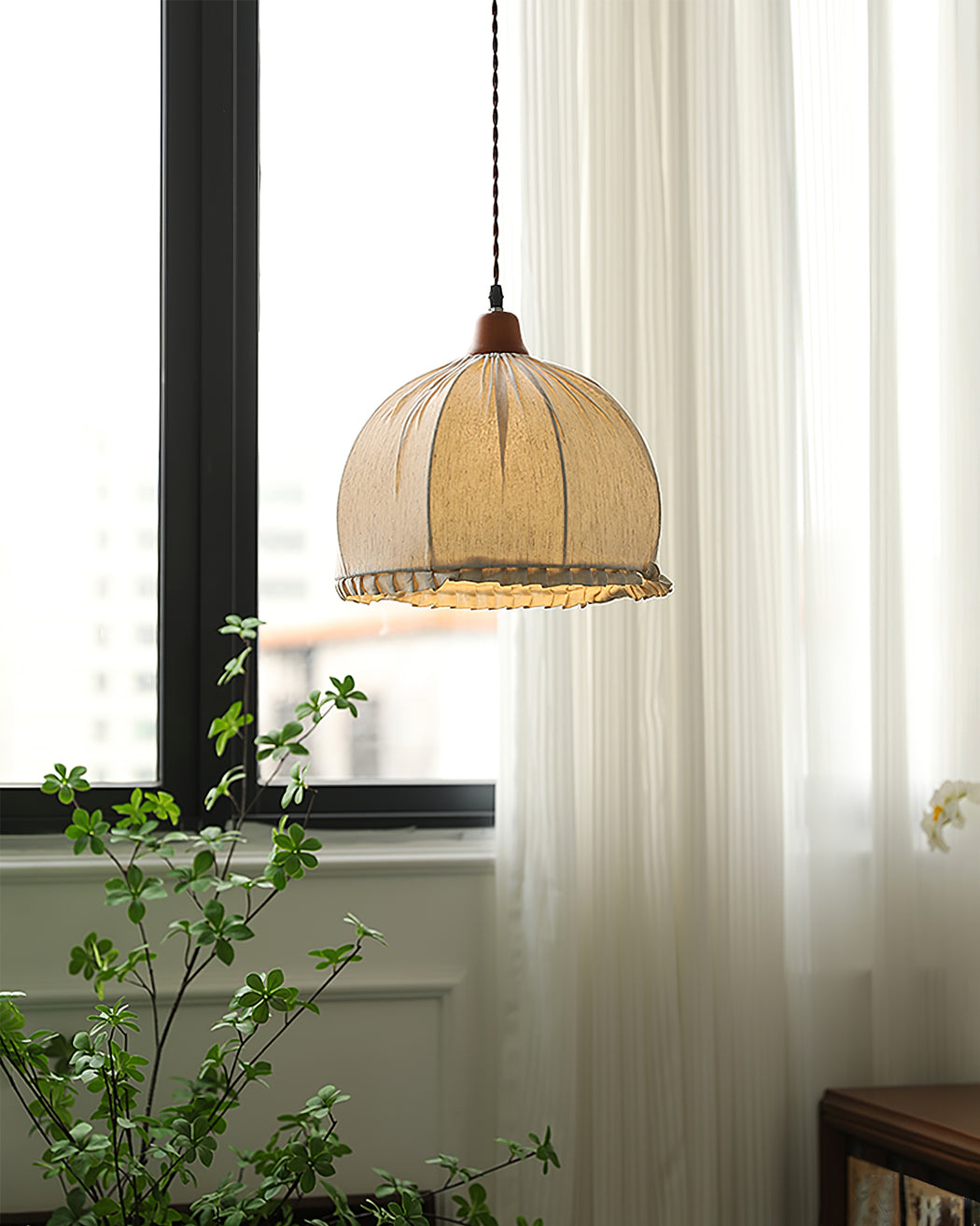 Pendant Lamp Wood Fabric 11.8 in Indoor Ceiling Lighting Beige Walnut Sage Green Modern Decor | Thomler