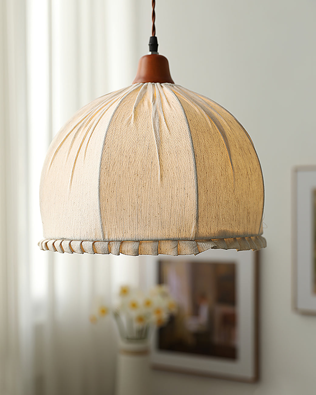Pendant Lamp Wood Fabric 11.8 in Indoor Ceiling Lighting Beige Walnut Sage Green Modern Decor | Thomler