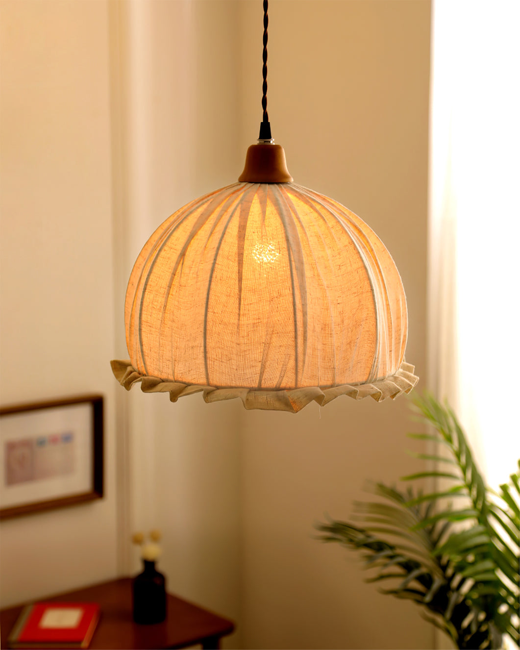 Pendant Lamp Wood Fabric 11.8 in Indoor Ceiling Lighting Beige Walnut Sage Green Modern Decor | Thomler