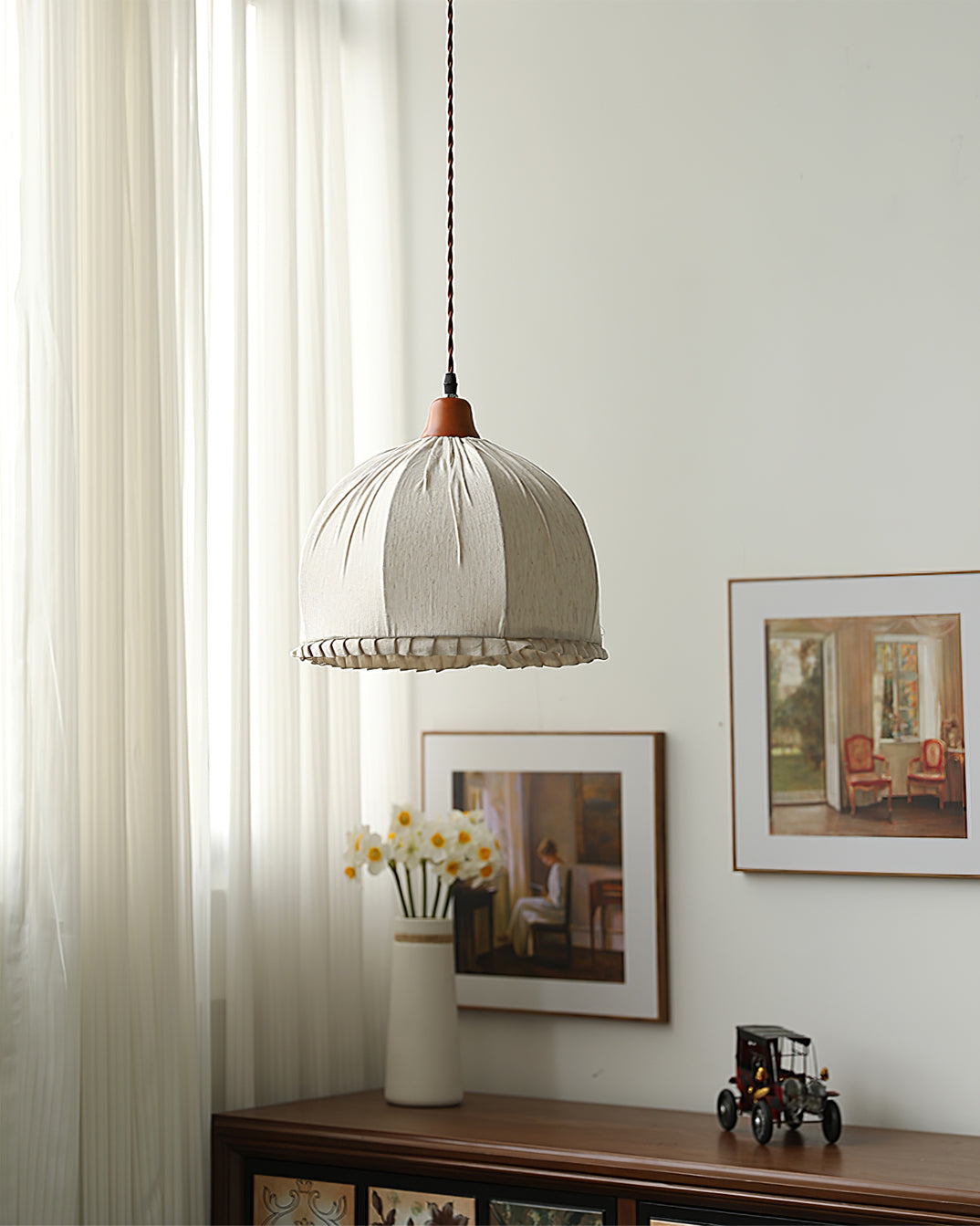 Pendant Lamp Wood Fabric 11.8 in Indoor Ceiling Lighting Beige Walnut Sage Green Modern Decor | Thomler