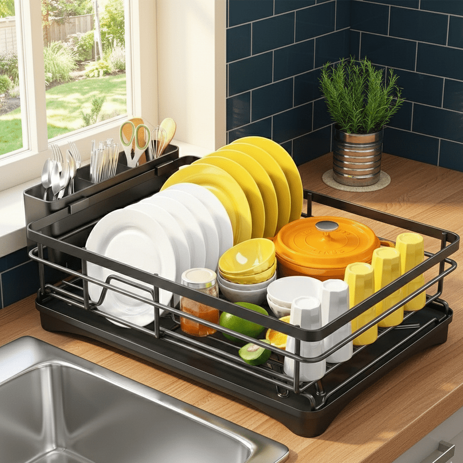 Two-Tier Dish Rack with Drain Board for Countertop Organization and Drying Space | Thomler