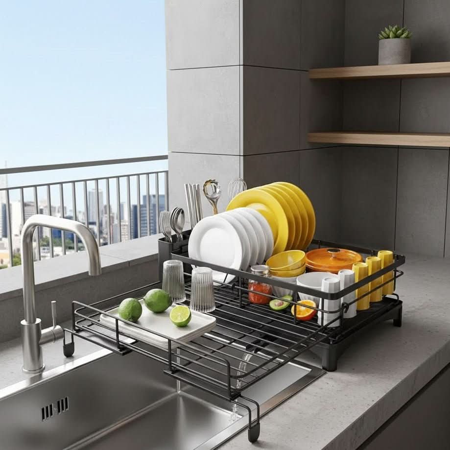 Two-Tier Dish Rack with Drain Board for Countertop Organization and Drying Space | Thomler