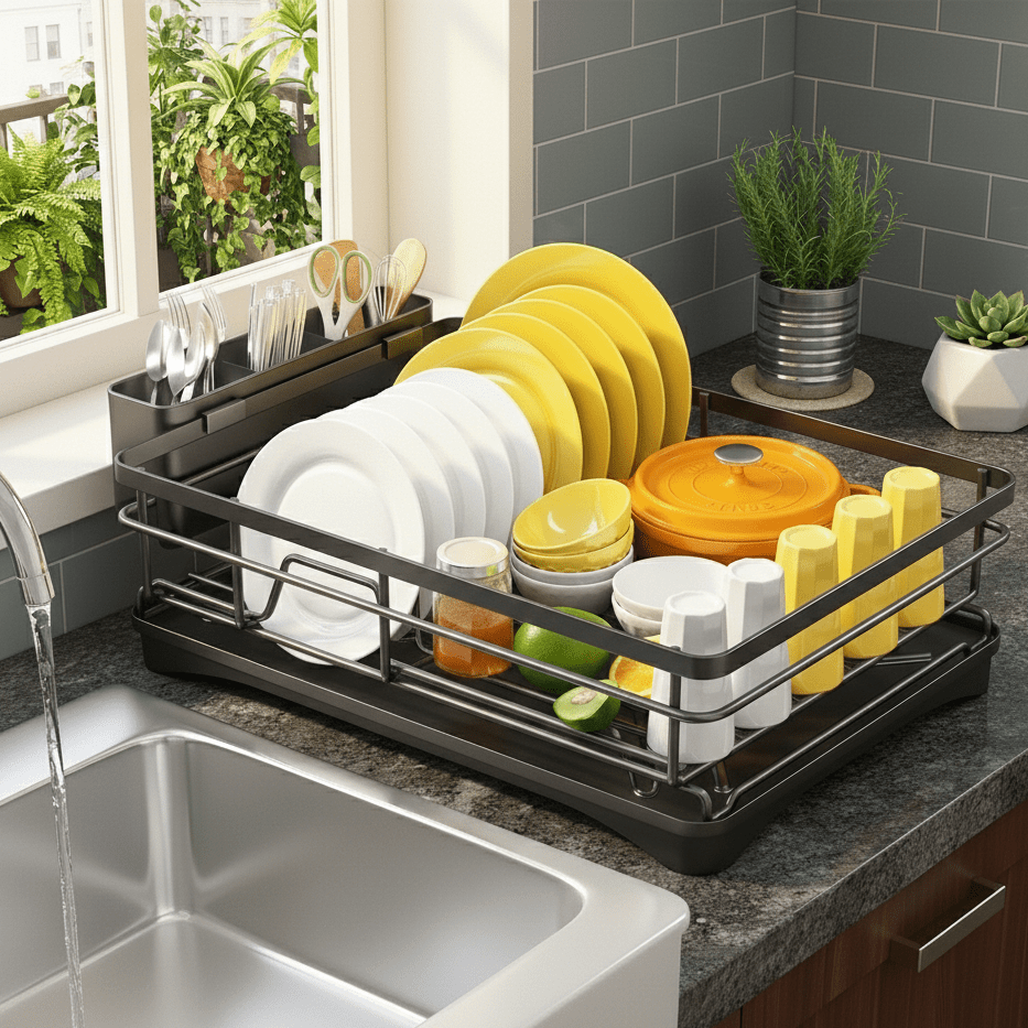 Two-Tier Dish Rack with Drain Board for Countertop Organization and Drying Space | Thomler