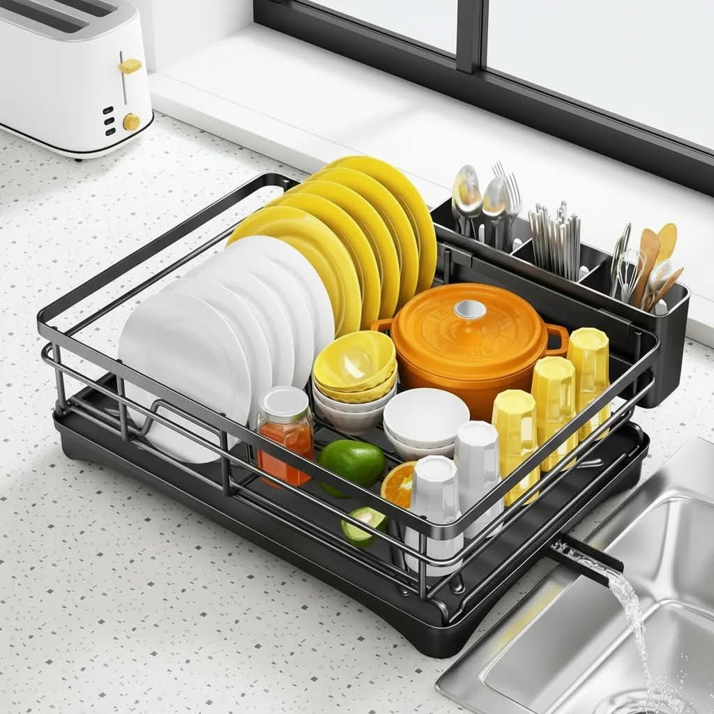 Two-Tier Dish Rack with Drain Board for Countertop Organization and Drying Space | Thomler